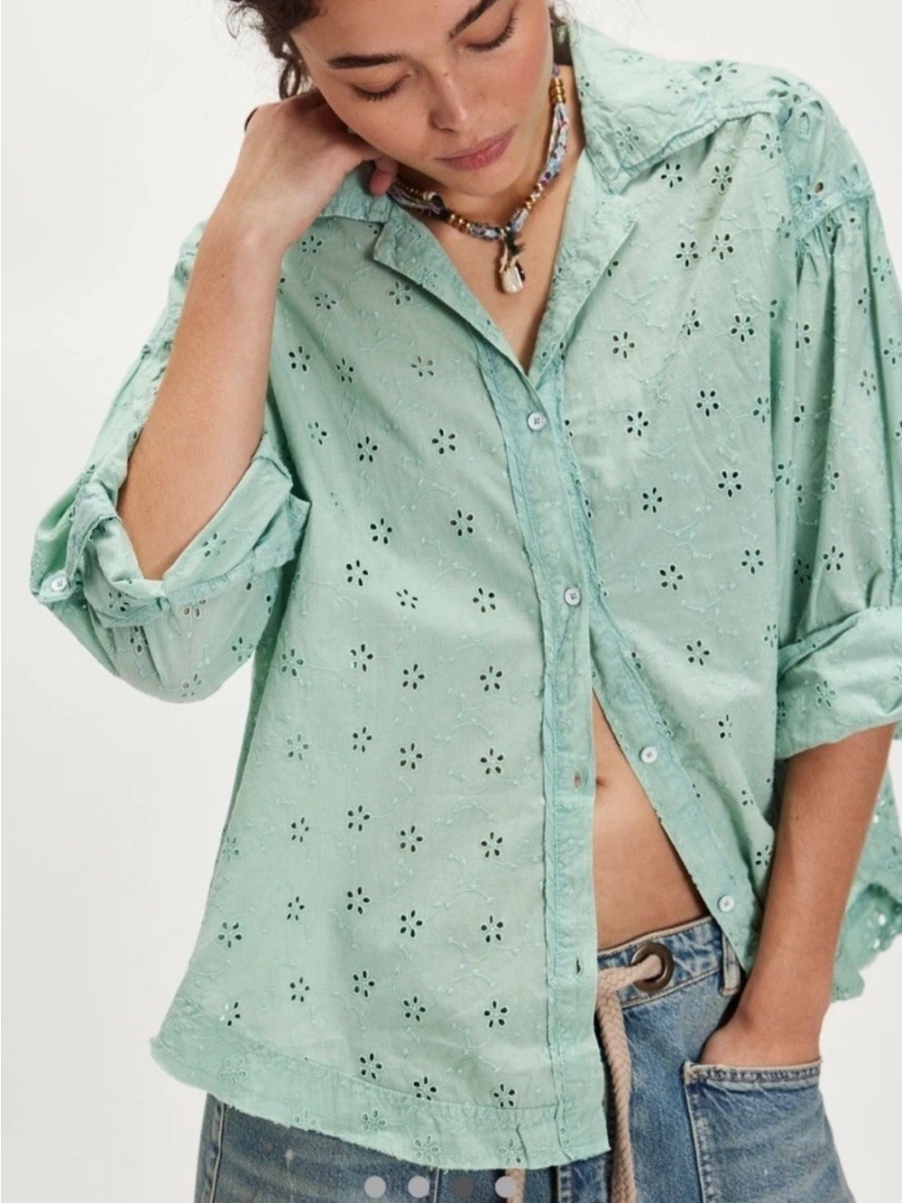 We The Free by Free People We The Free Mae Washed Eyelet Shirt Green Size S